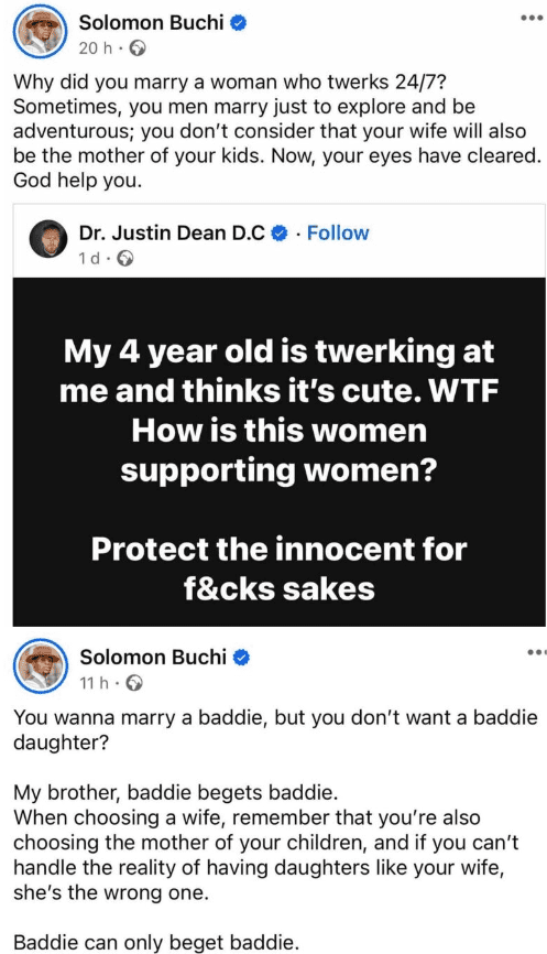 Solomon Buchi mocks Justin Dean for crying over daughter twerking like mother